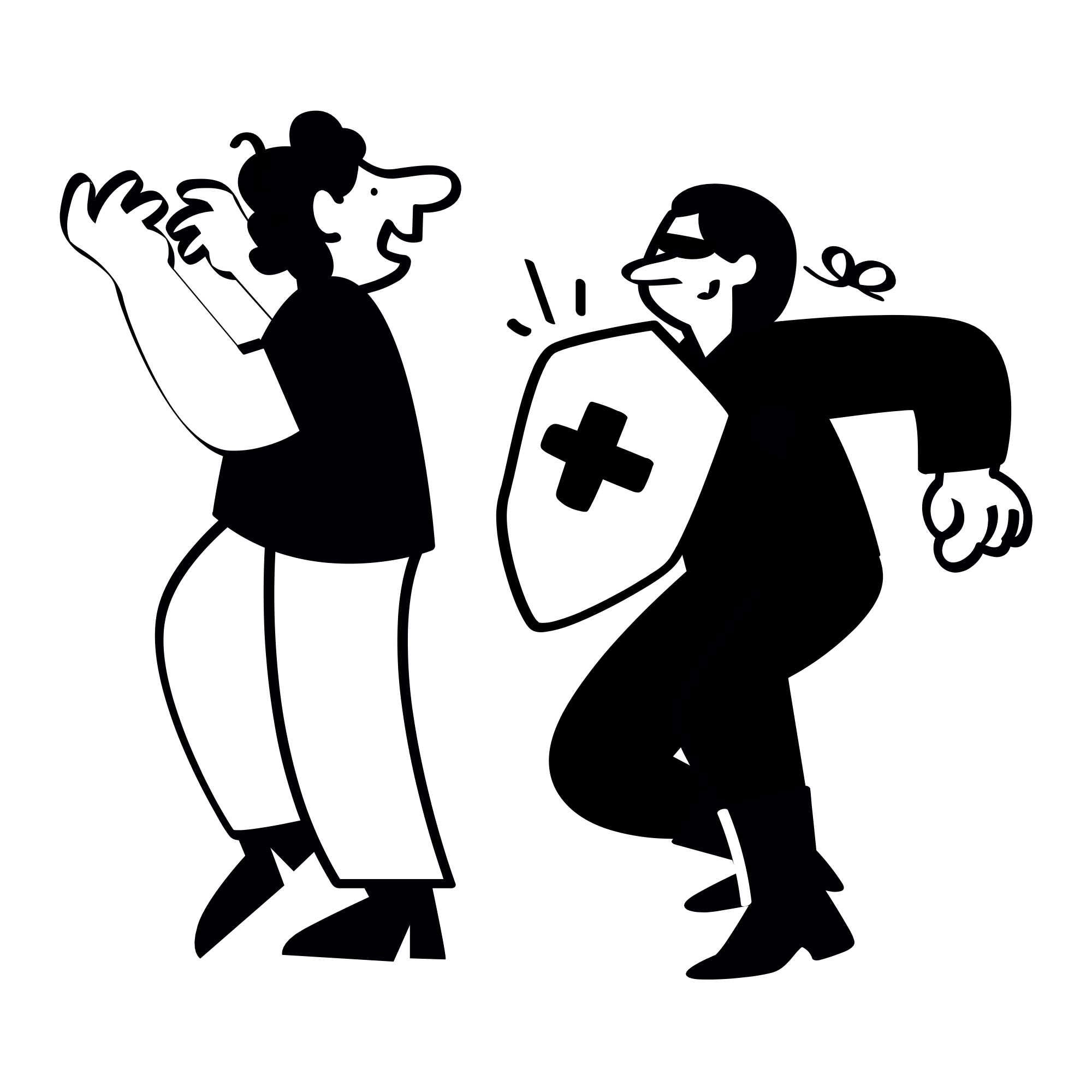 Black and white illustration of two women, one with curly hair and a headscarf, gesturing with her hand and speaking, another with straight hair, glasses, and a shirt with a cross symbol, listening.