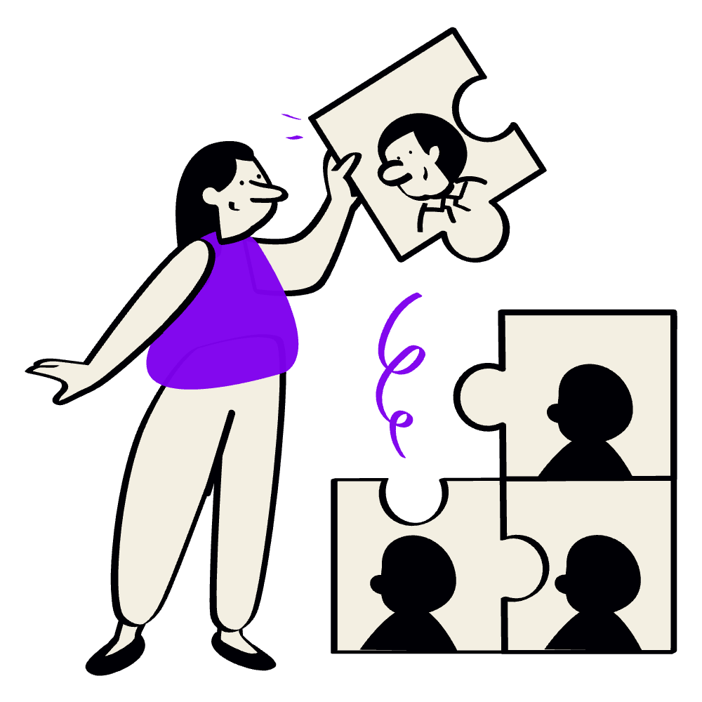 Illustration of a woman holding a puzzle piece with a cartoon face, with four other puzzle pieces containing silhouettes of people, against a black background.