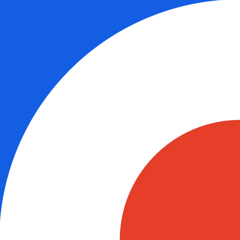 Abstract graphic design featuring bold geometric shapes in blue, white, and red.