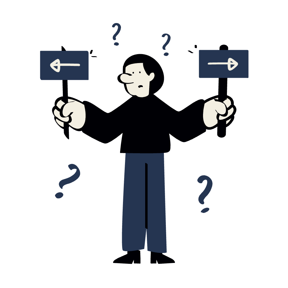 A cartoon person holding signs with arrows pointing left and right, surrounded by question marks, appearing confused about which direction to choose.