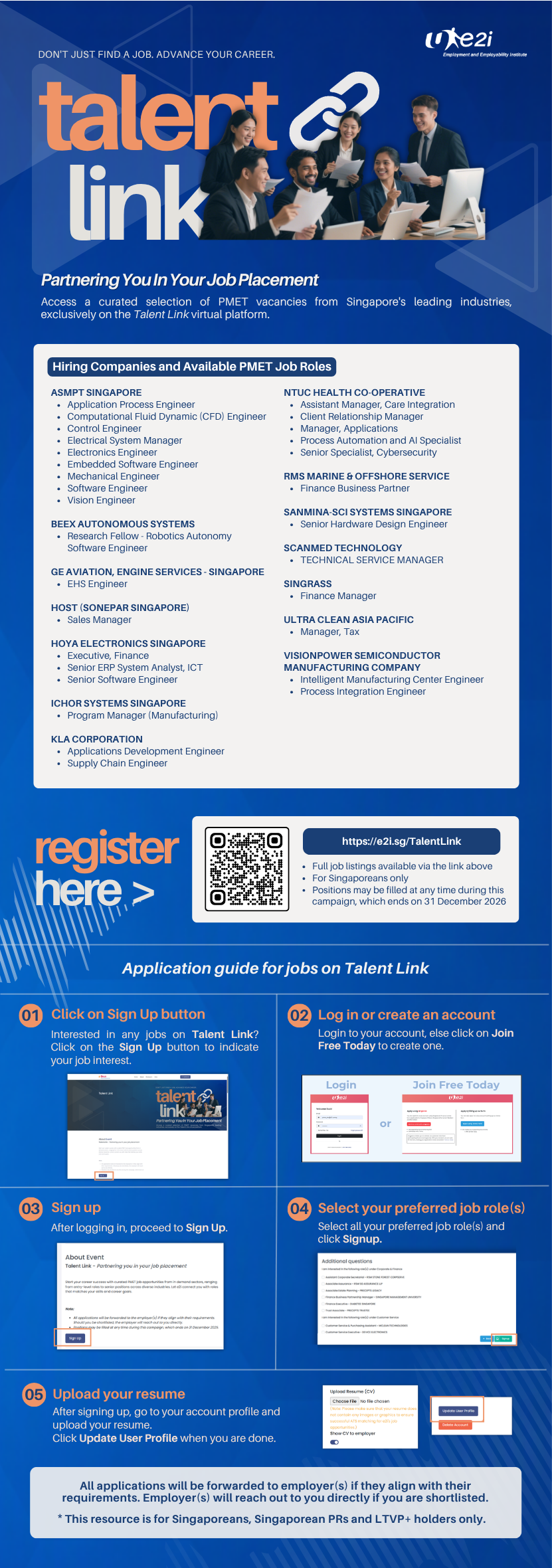 A digital flyer promoting Talent Link, a virtual platform for job placements in Singapore, featuring a group of diverse professionals working together, and detailing steps for job seekers to register, log in, sign up, select roles, and upload resumes.