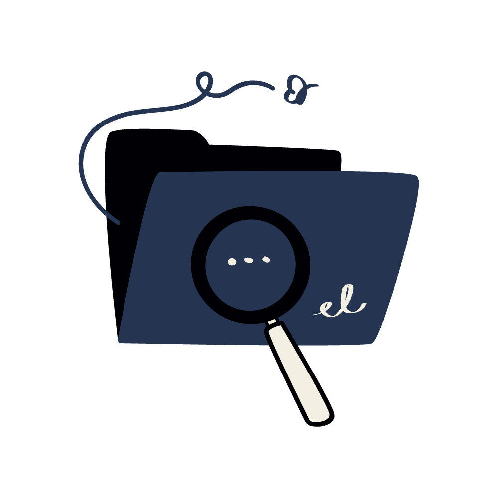 A dark blue folder with a magnifying glass in front, focusing on the letter 'e' written in cursive, with a string and butterfly-shaped end attached to the folder.