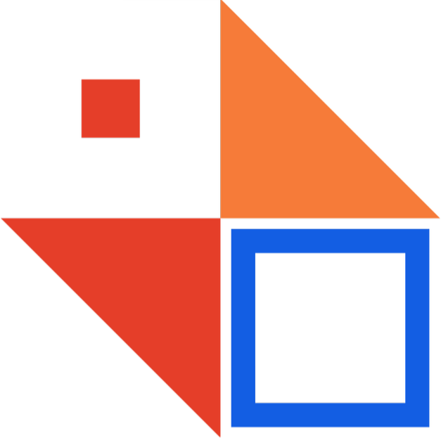 Colorful geometric shapes on a black background, including a red square, an orange right triangle, a red right triangle, and a blue square outline.