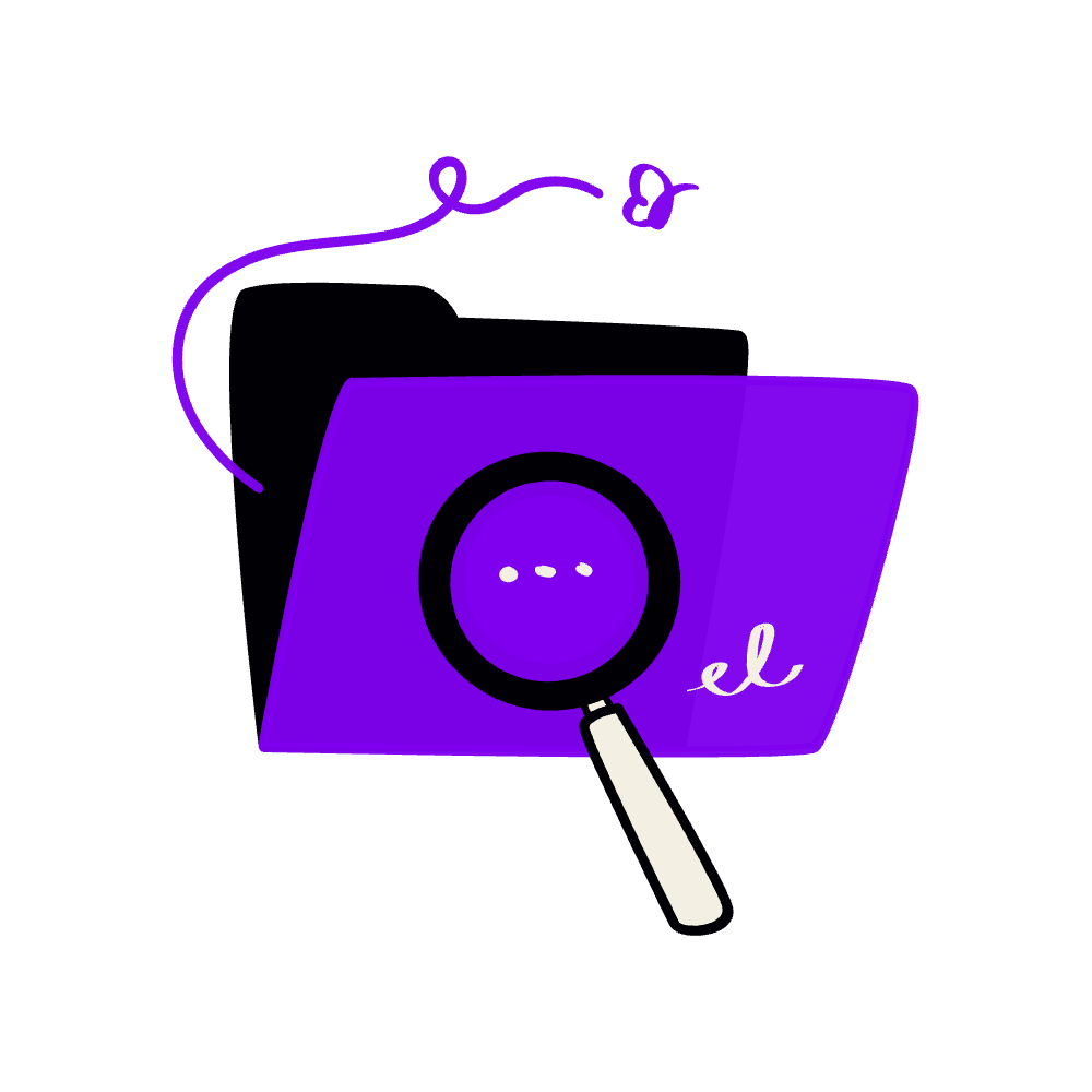 A purple document with a magnifying glass overlay and a pencil above it on a black background.