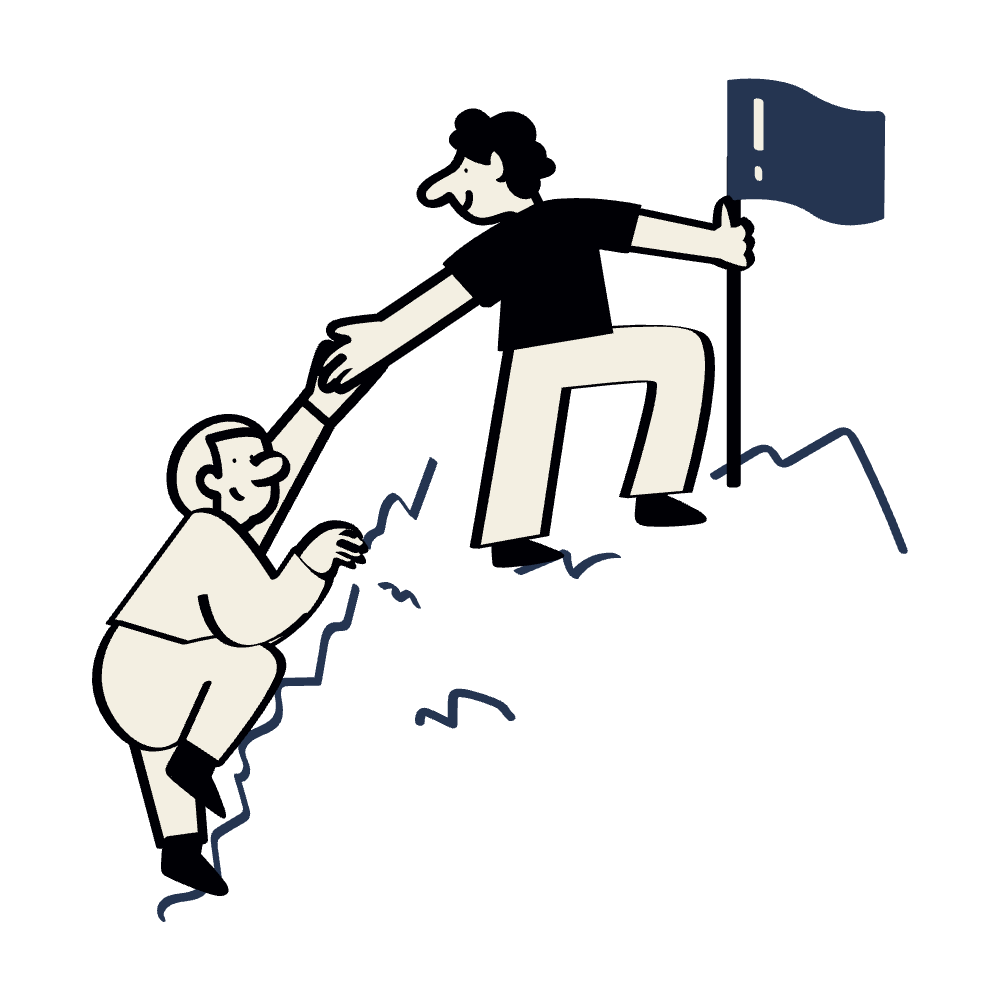 Two cartoon characters, one climbing a mountain and the other at the top handing down a flag, symbolizing teamwork and achievement.