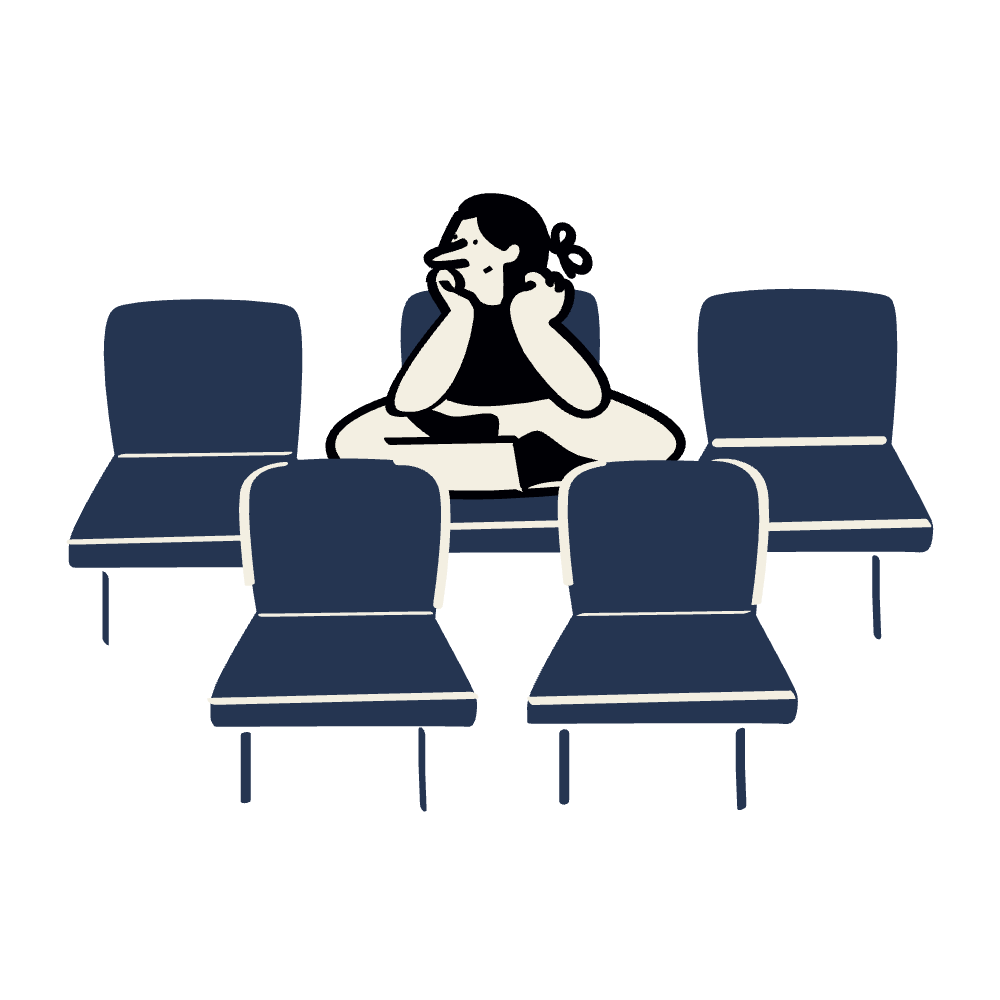 Illustration of a woman sitting at a table, with four chairs surrounding her, holding her head in her hands, conveying a sense of stress or worry.