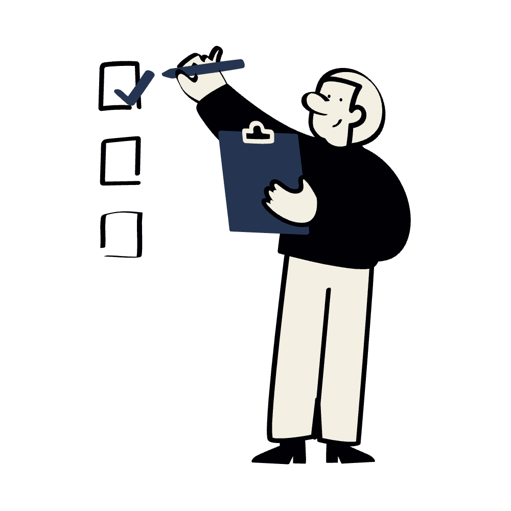 Illustration of a person holding a clipboard and a marker, checking off boxes on a to-do list.
