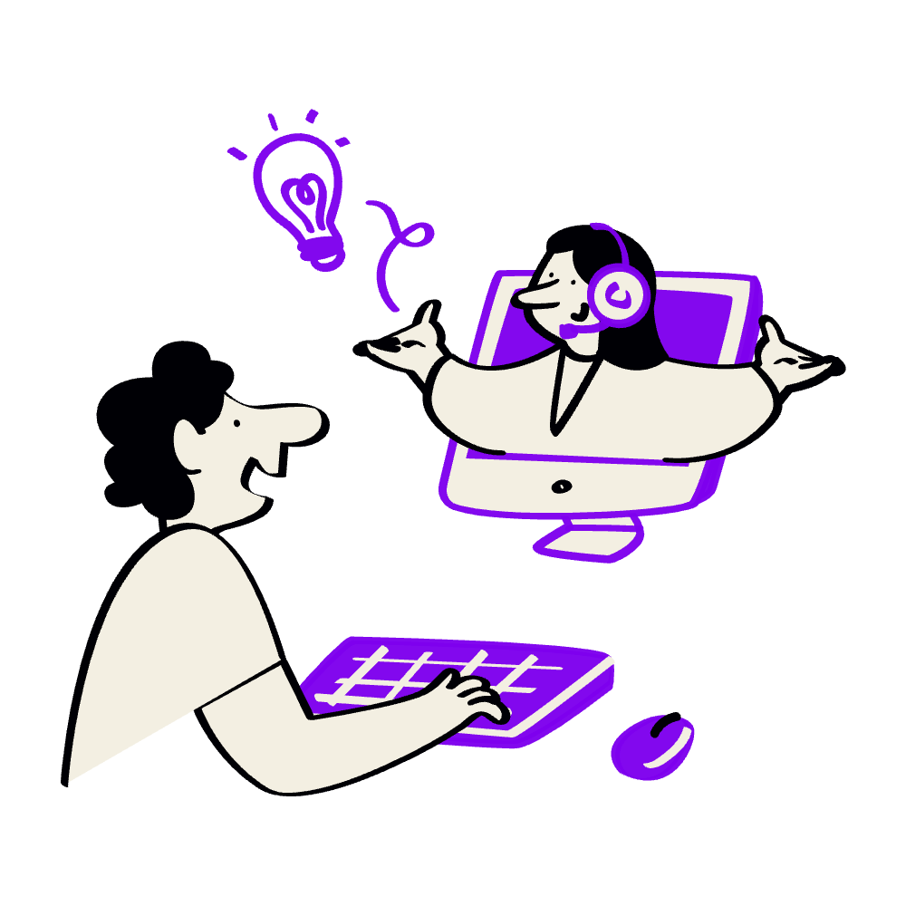 A person using a computer with a virtual assistant on the screen, depicted as a woman wearing headphones and gesturing with her hand, surrounded by technology icons, in a digital illustration style.