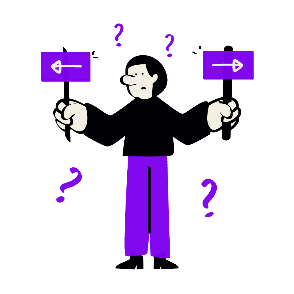 Illustration of a man holding two signs with left and right arrows, surrounded by purple question marks, indicating confusion or choice.