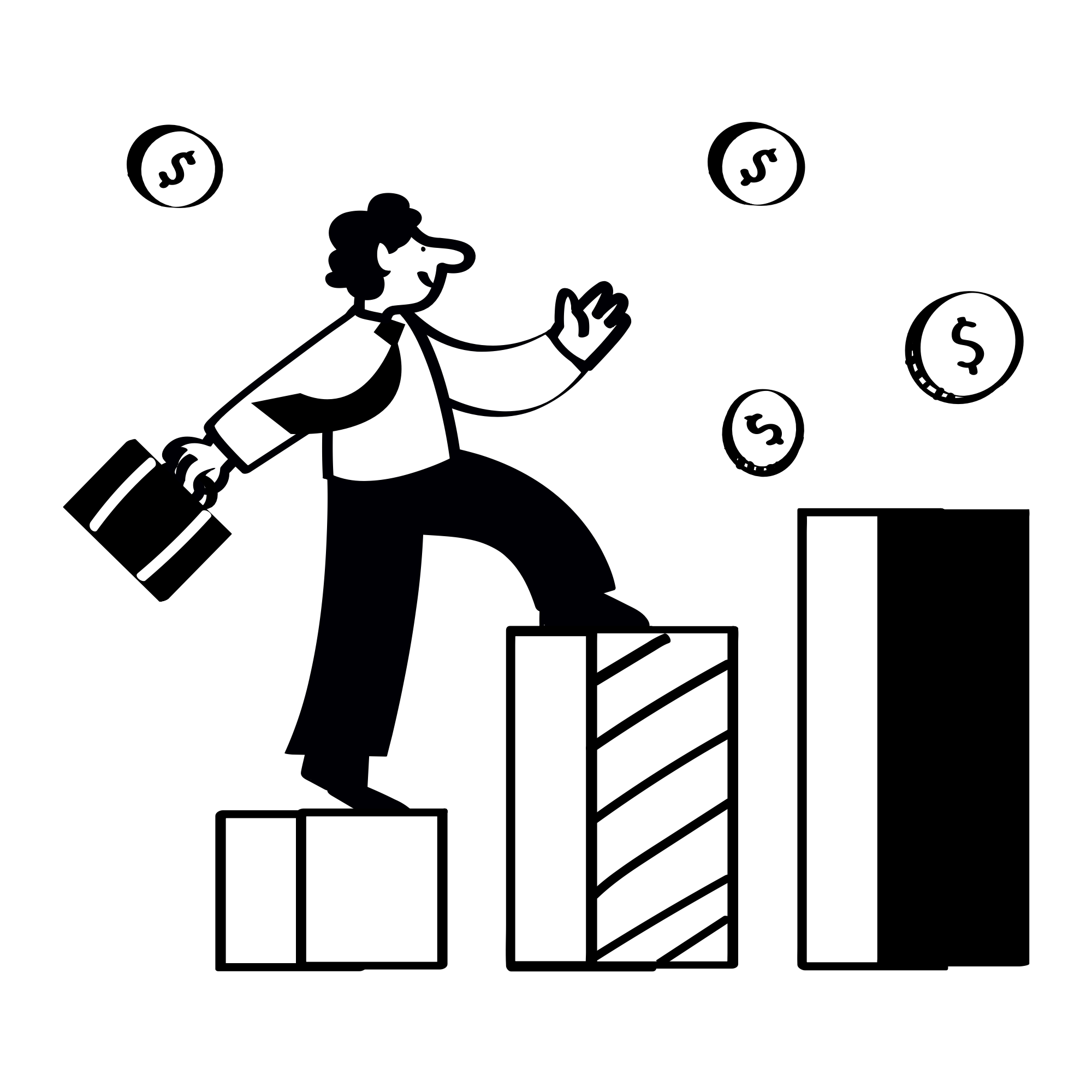 Illustration of a businessman with a top hat and cane, pointing to increasing bar and line graphs, with dollar signs around him, symbolizing financial growth and success.