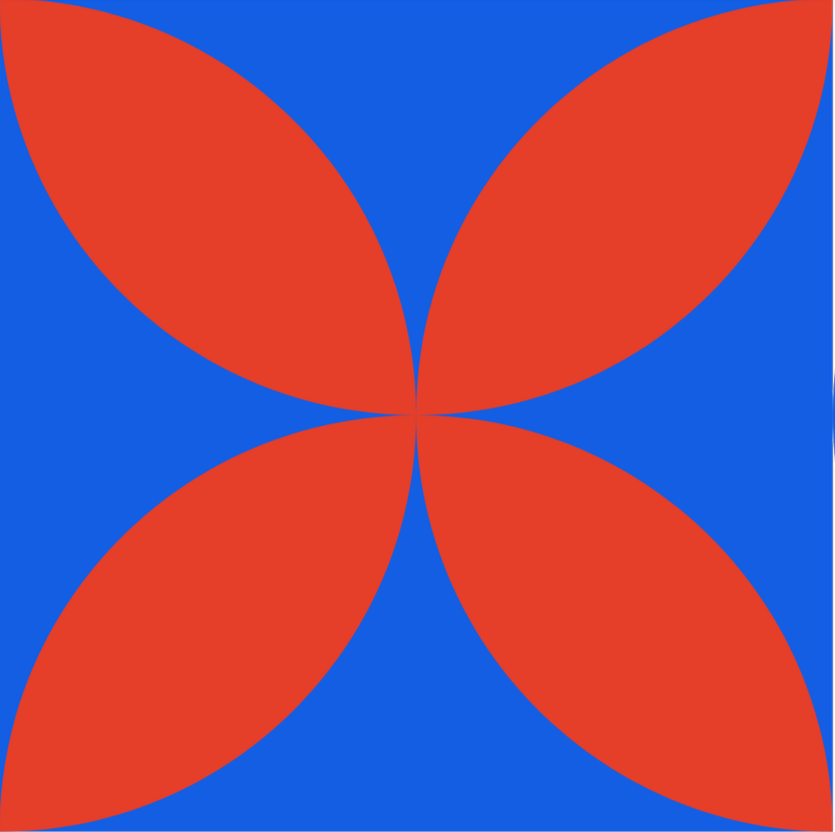 A geometric design featuring four red petal-like shapes arranged in a circular pattern on a blue background.
