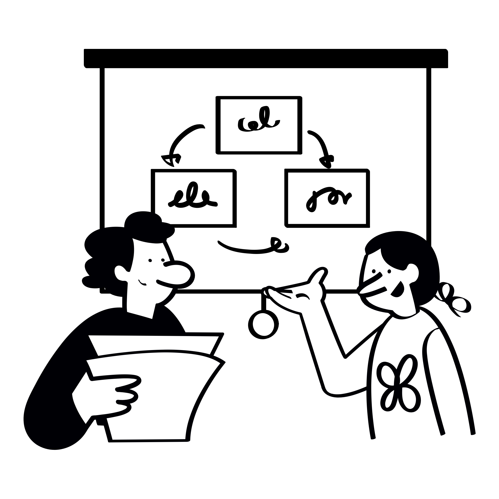 Two people sitting at a table, discussing and analyzing a flowchart or diagram on a presentation board related to financial or business planning.