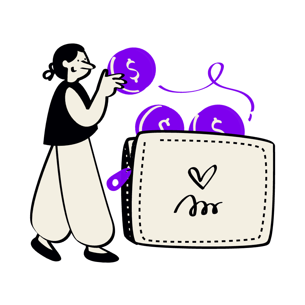 Illustration of a person filling a purple sack with purple balls featuring dollar signs, with one ball in their hand, against a black background.