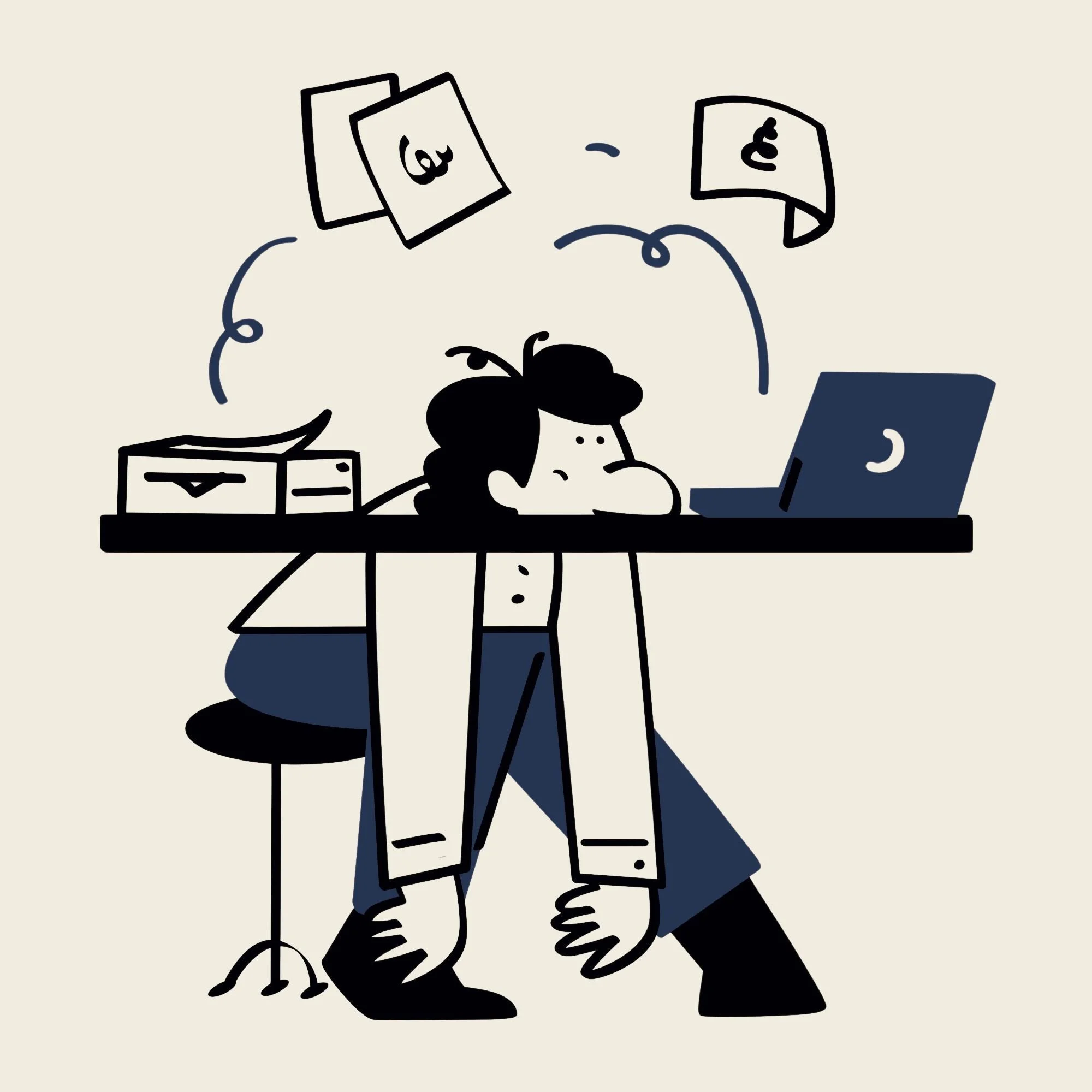 A cartoon illustration of a person with curly hair sitting at a desk, using a laptop. There are papers, a box, and a bug on the desk, and a large bug is standing beside the person.