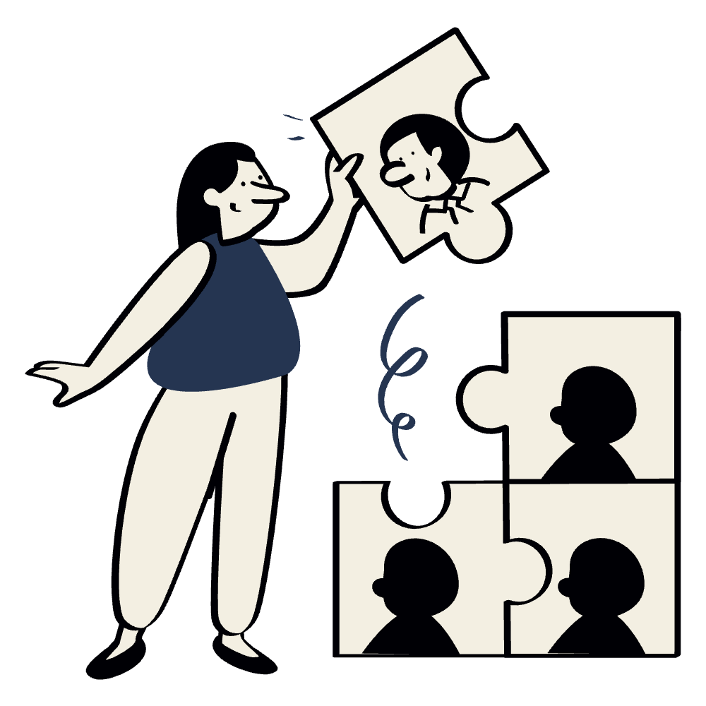 A woman holding a photo of a cartoon man, with four puzzle pieces below showing silhouettes of four people, symbolizing connection or collaboration.