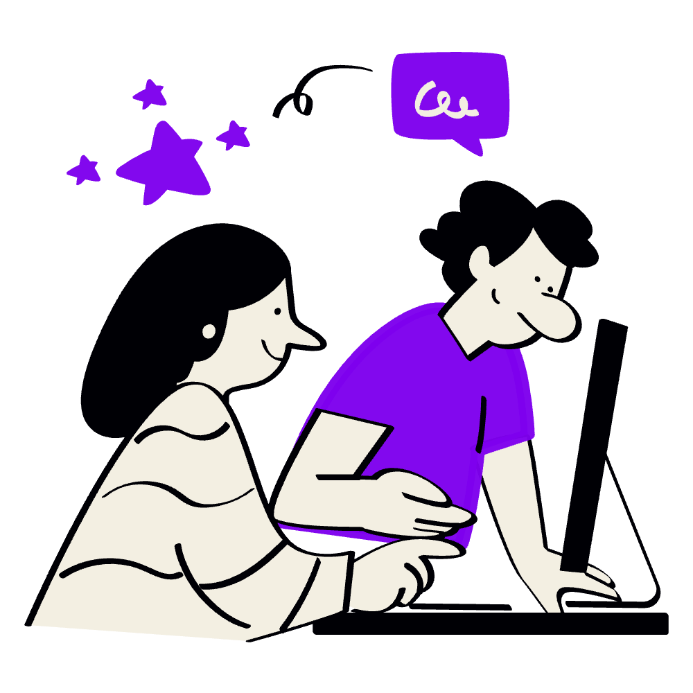 Cartoon illustration of a woman and a man looking at a smartphone together, with purple stars and a speech bubble with 'Ce' inside.