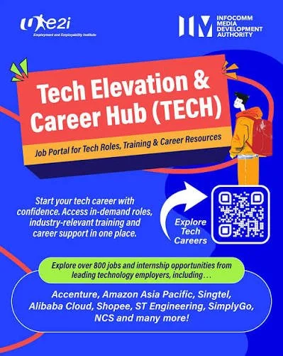 Poster for Tech Elevation & Career Hub (TECH) featuring logos of TE2I and IMA, with a student in cap and gown, QR code, and details about tech jobs, training, internships, and employers like Accenture, Amazon, Singtel, Alibaba, Shopee, and more.