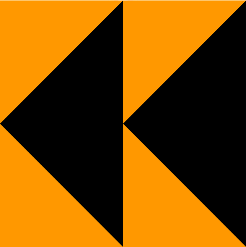 Geometric design with bold black and orange triangles and shapes.