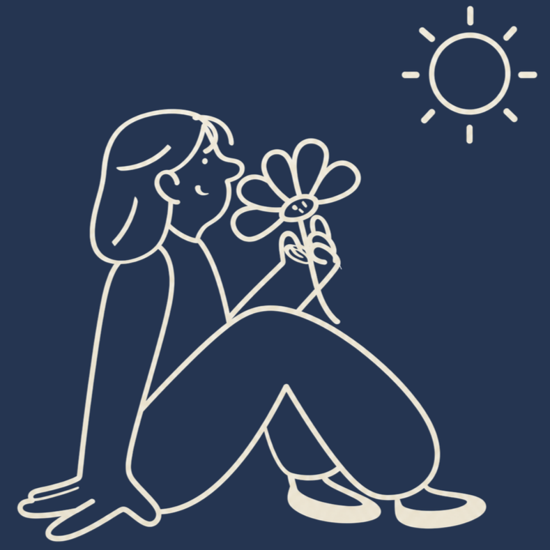 A simple line drawing of a girl sitting outdoors under the sun, holding a flower, with a relaxed and happy expression.