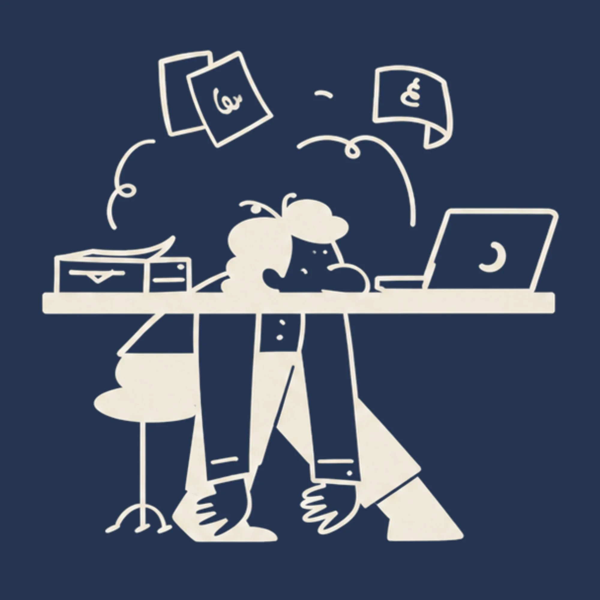 Illustration of a person with a bald head, wearing a suit and tie, sitting at a desk with a laptop. There are weather forecast screens with sun icons, and stacks of money flying around.