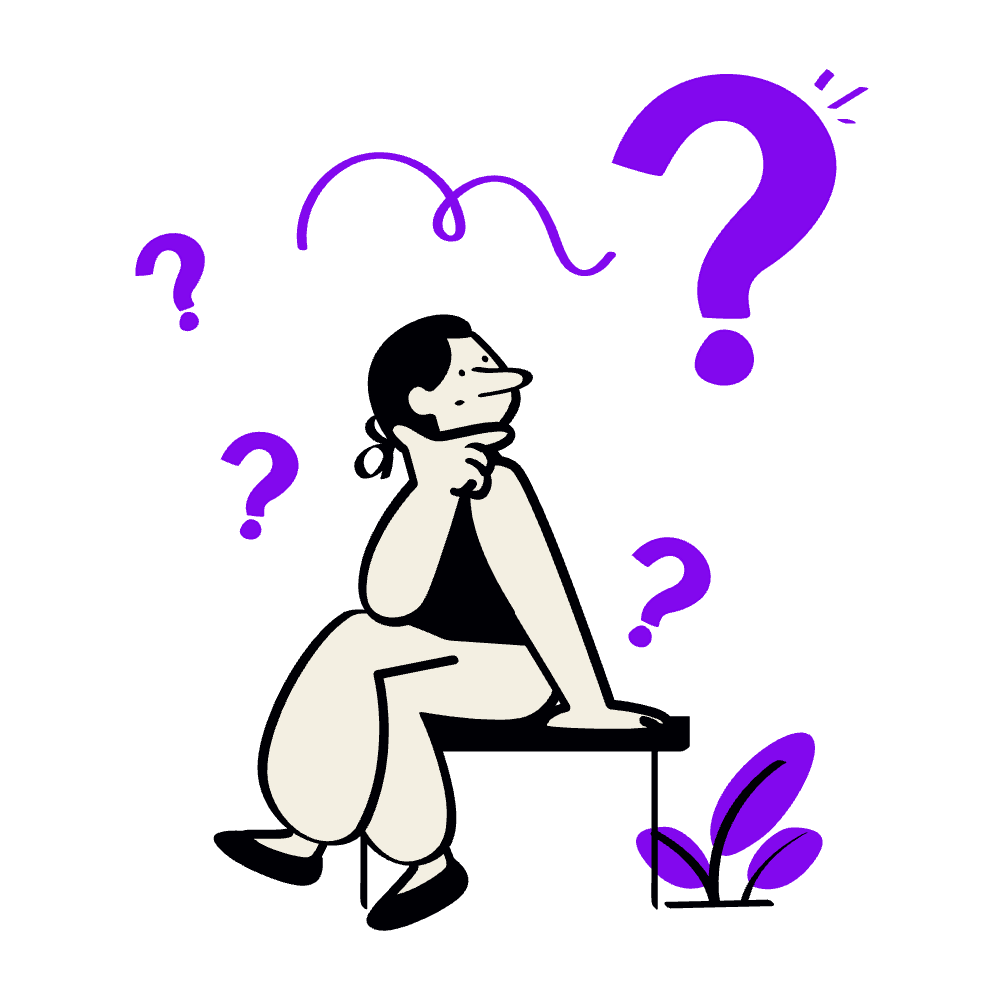 A person sitting in a thoughtful pose surrounded by purple question marks.