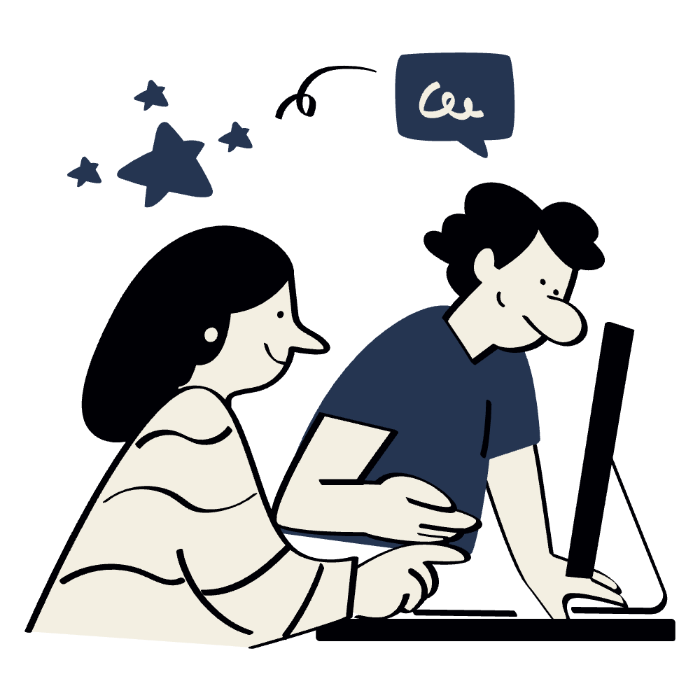 illustration of a woman and a man looking at a device with a speech bubble and star symbols above them.