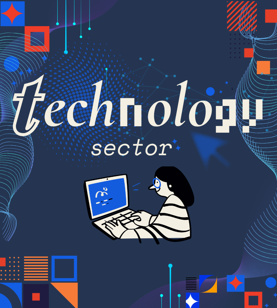 Graphic design featuring the word 'technology' with a cartoon woman working on a computer, surrounded by abstract technological and geometric shapes in blue, orange, and red.