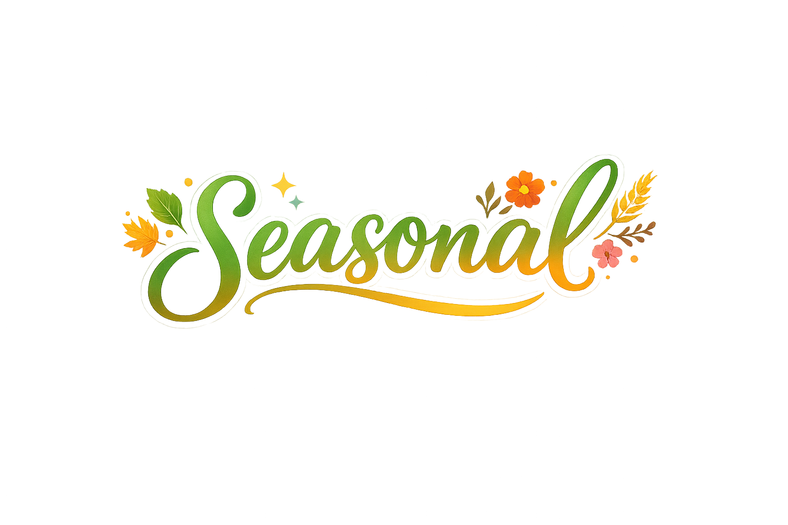 Decorative text reading 'Seasonal' in green, surrounded by orange, pink, and yellow flowers and leaves on a colorful background.