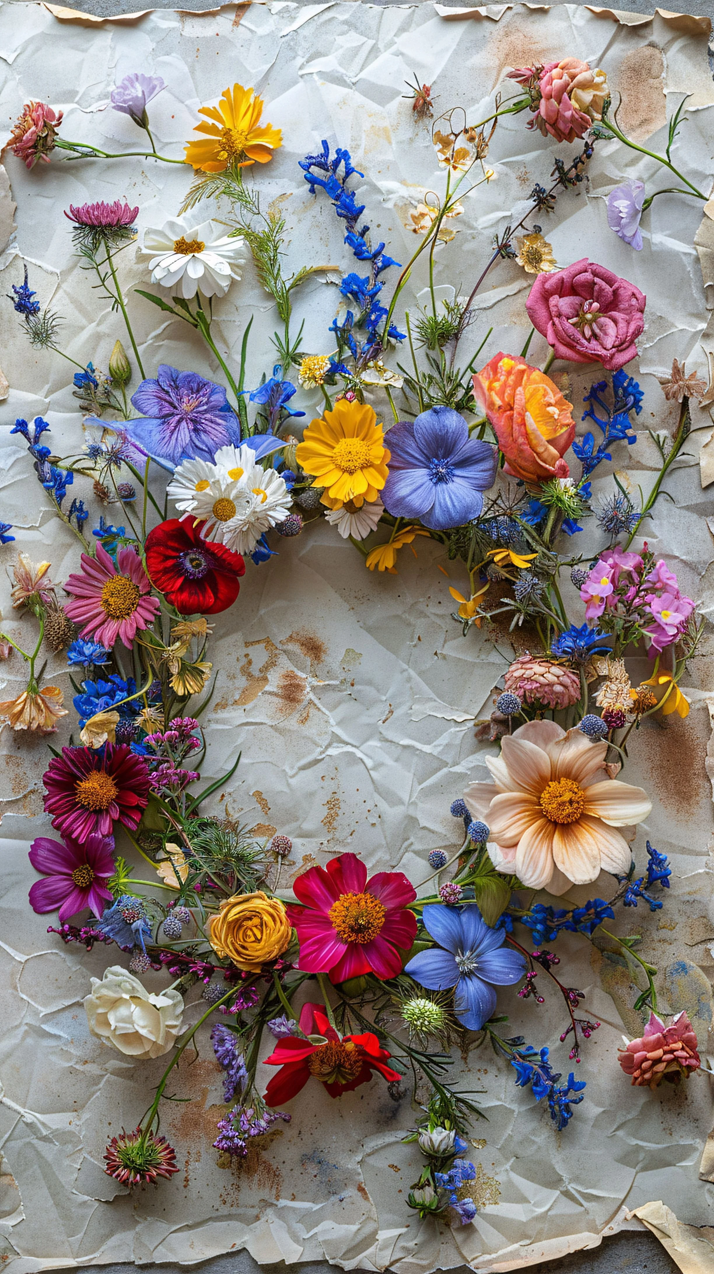 Array of colorful flowers arranged on crumpled paper background.