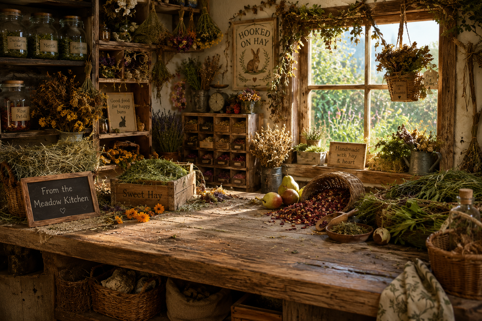 A rustic garden workshop filled with dried flowers, baskets, and wooden crates on a wooden table, with sunlight coming through a large window, creating a cozy, vintage atmosphere.