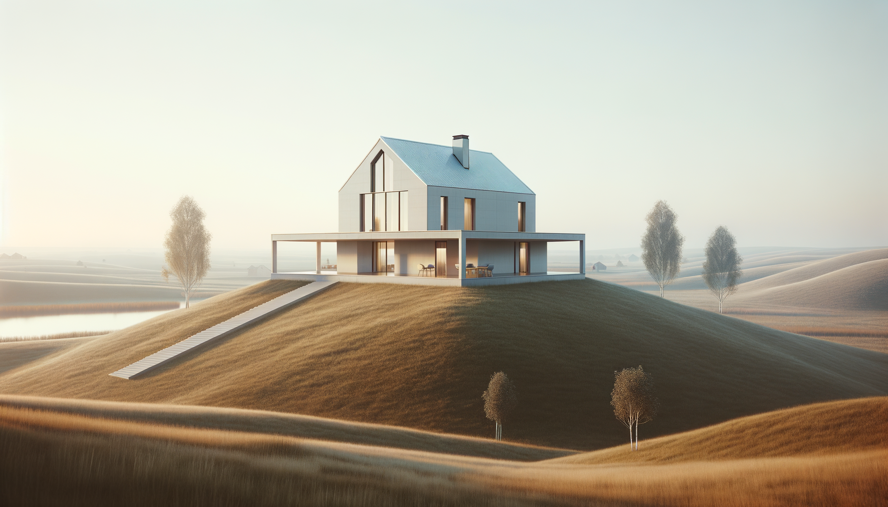 A man standing on a grassy hillside using a tablet to oversee a large farm with several cultivated fields, greenhouses, and farm buildings surrounded by a lush, forested landscape with snow-capped mountains in the background.