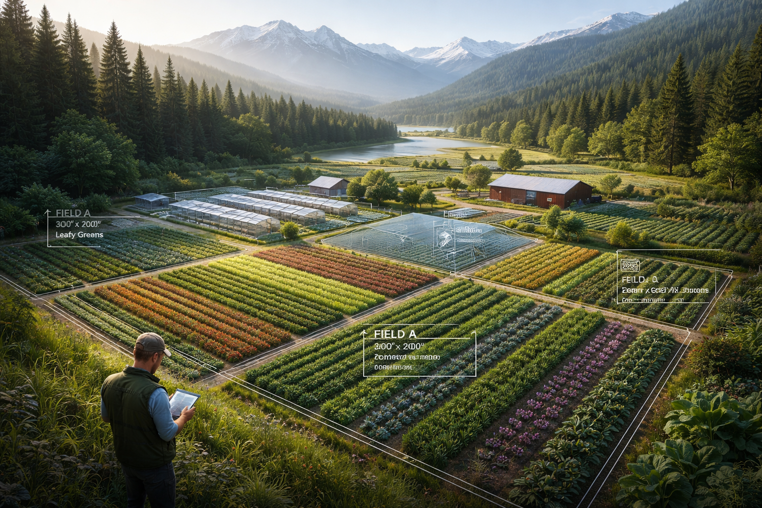 Farmland with neatly arranged crops, greenhouses, a red barn, and a man standing on a grassy hill using a tablet, surrounded by mountains, forest, and a lake in the background.