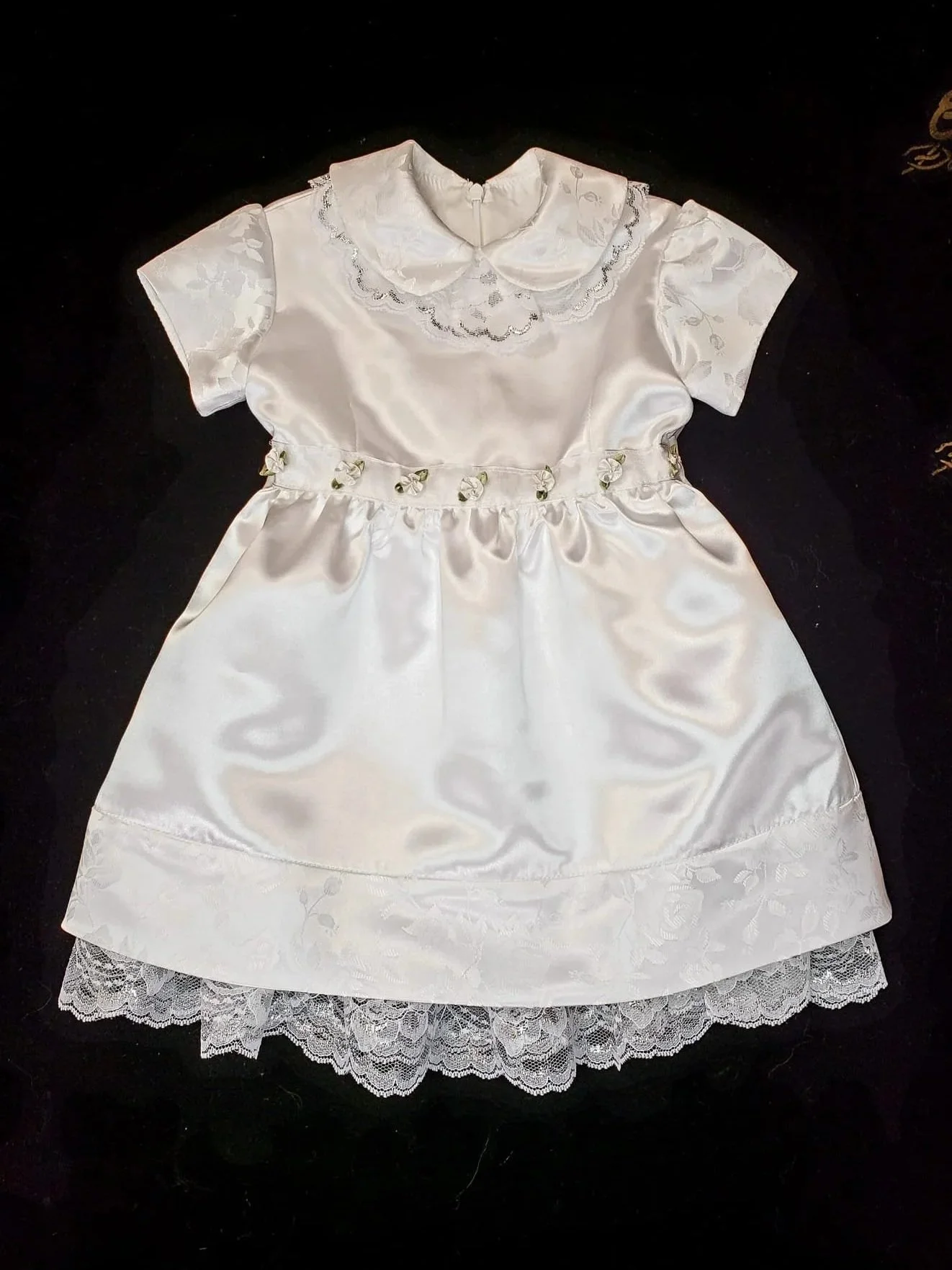 Handcrafted Baby White Satin & Rose Brocade Christening Gown