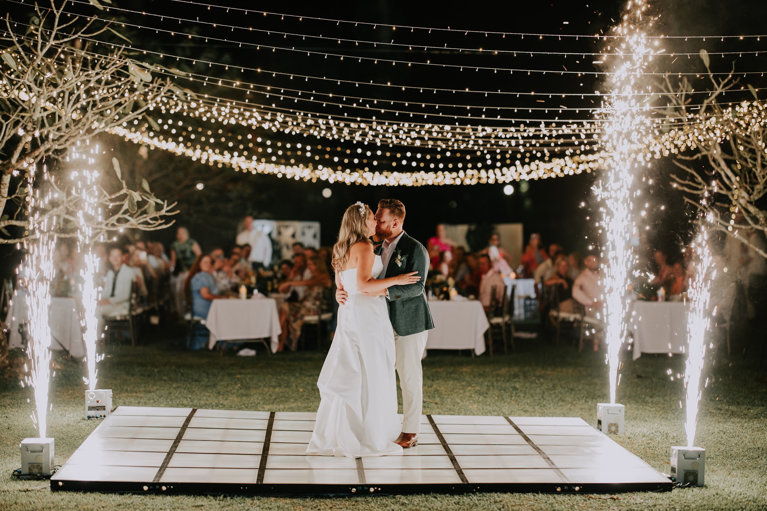 DJ, Fairy lights, LED floor, Cold Sparks for a Wedding reception at Warwick Fiji Resort & Spa