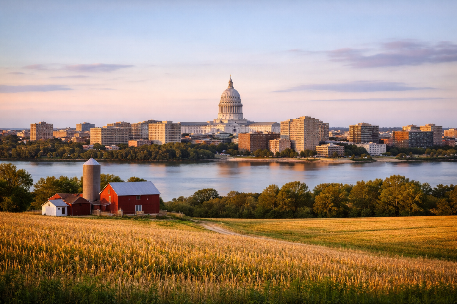 View of the U.S. Capitol building in Washington, D.C. at sunset, with a flooded farmland and clusters of trees in the foreground.