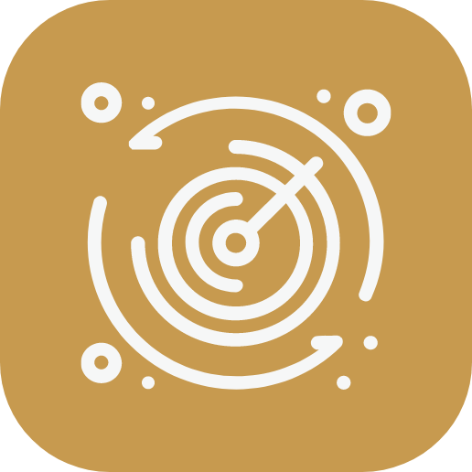 Icon of a radar screen with concentric circles and a sweeping line, on a brown background.