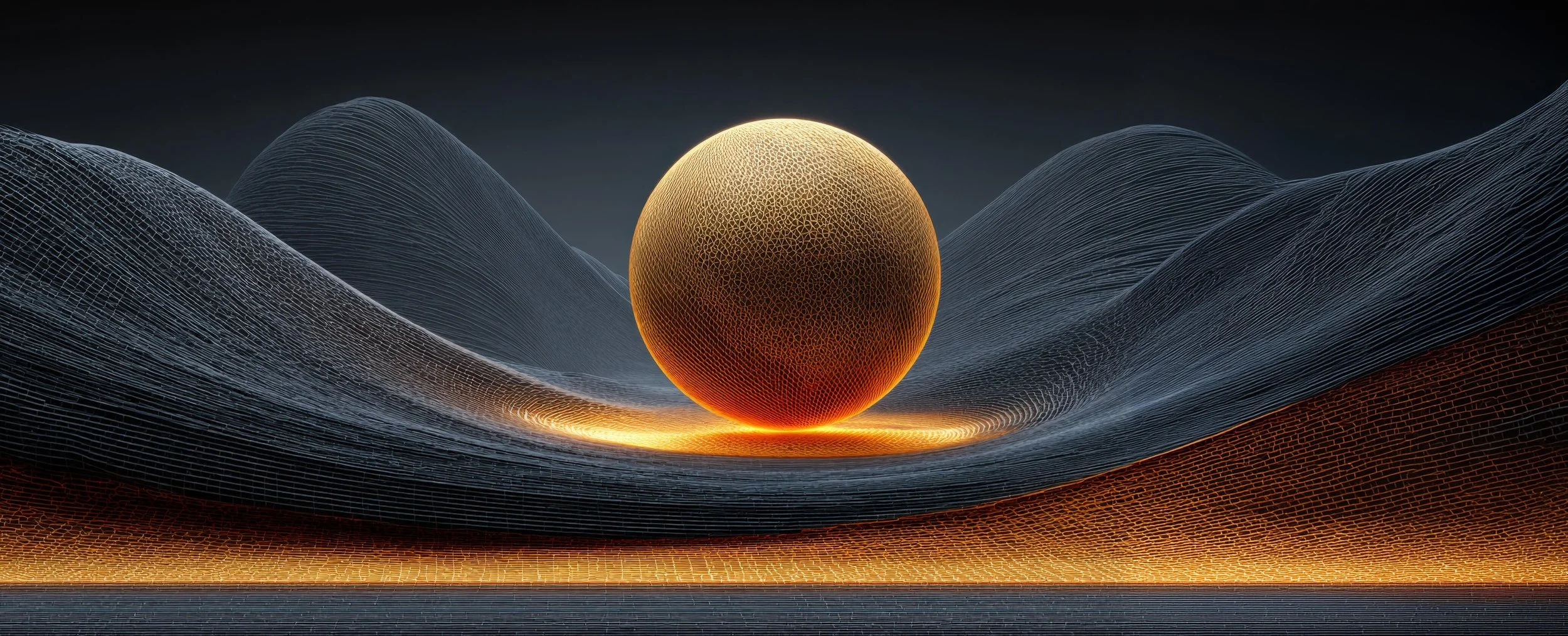 Abstract digital artwork of a glowing orange sphere with textured surface, surrounded by dark, wave-like structures with glowing edges.