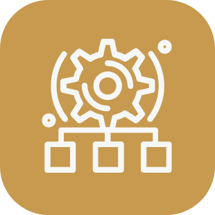 White gear icon with three connected boxes on a gold background.