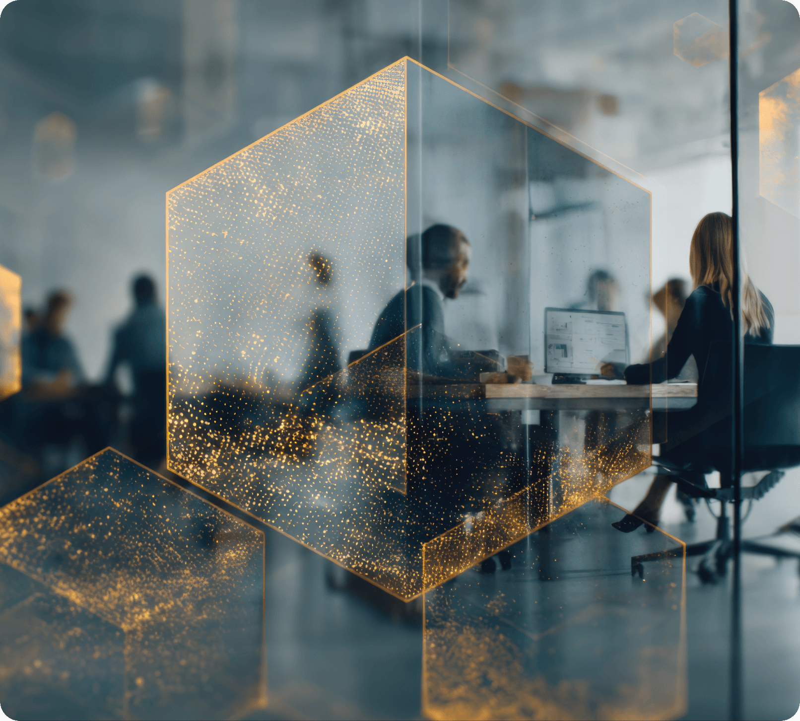 A modern office scene viewed through glass with golden holographic cube overlays, showing people working at desks with computers.