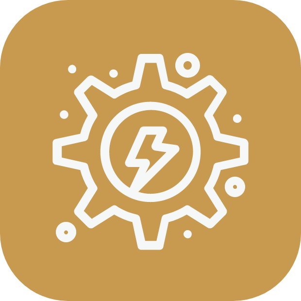 Icon of a gear with a lightning bolt inside, on a brown background.