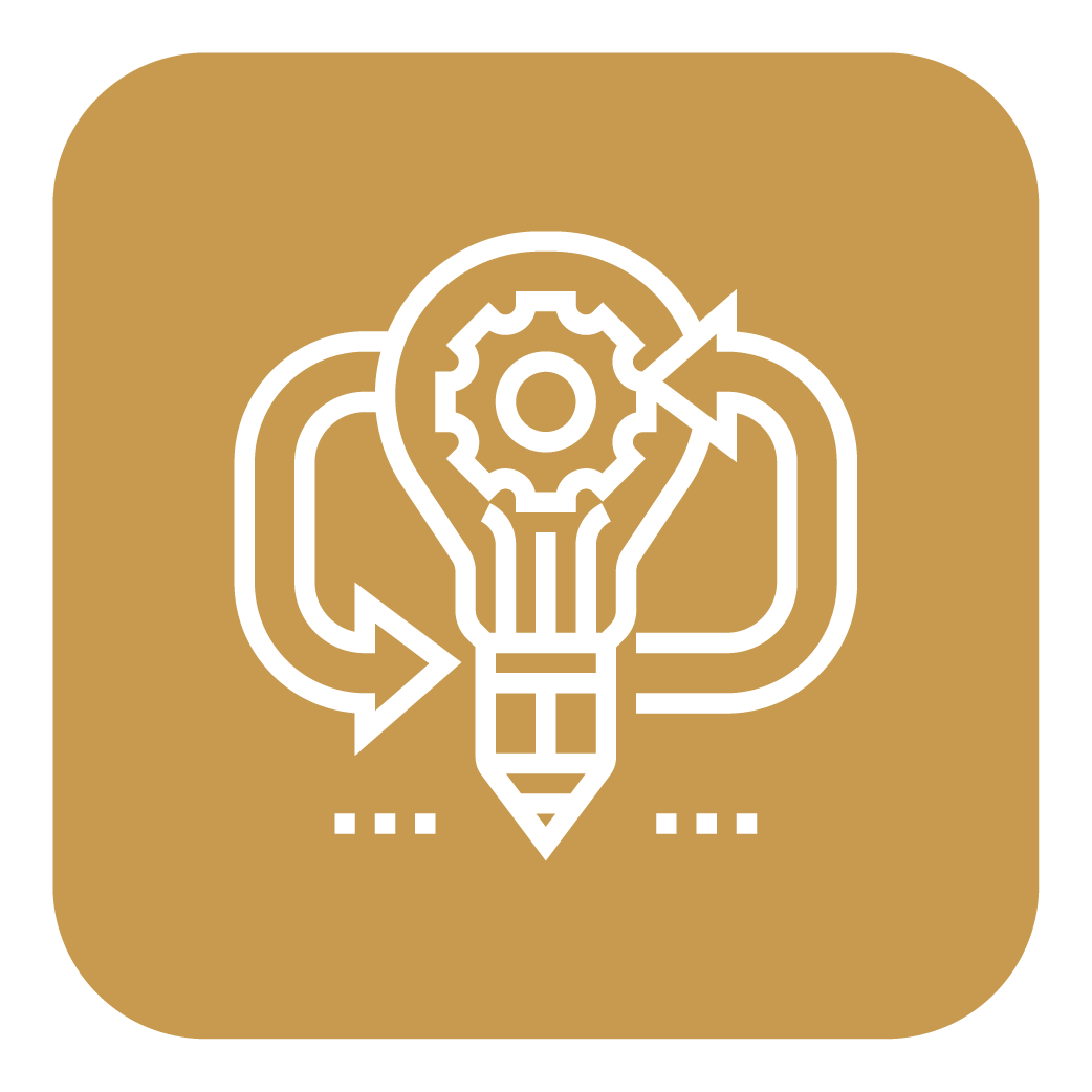 Icon of a light bulb with a gear inside, connected to a pencil and circular arrows, representing innovation or creative process.