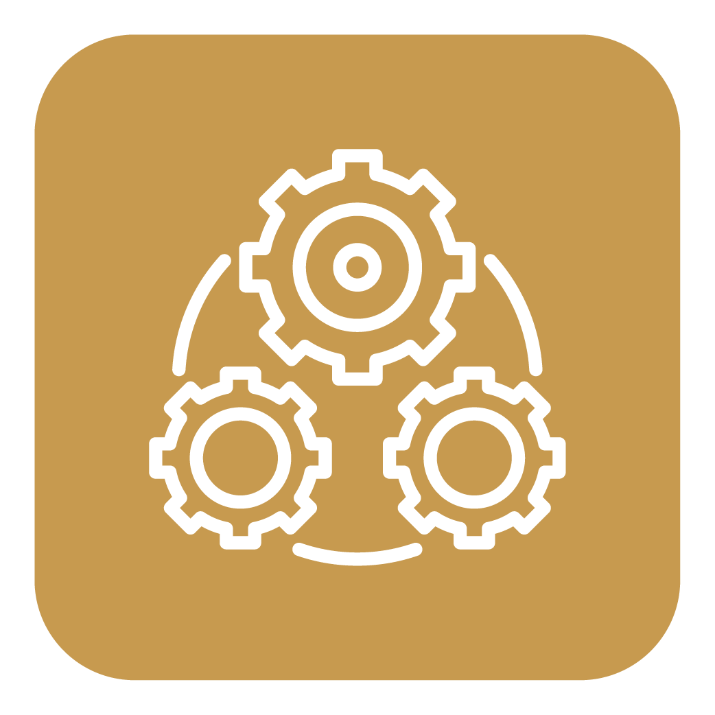 Icon of three interconnected gears on a gold background.