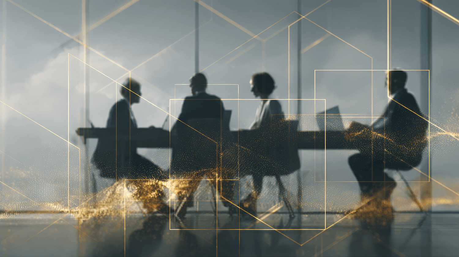 Silhouettes of four people having a business meeting in a room with large windows, overlaid with a digital technology graphic of orange lines and points.