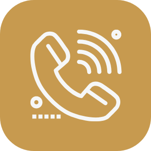 Icon of a telephone handset with wireless signal lines on a brown background.