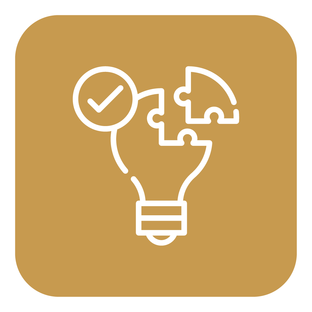 An icon of a light bulb with puzzle pieces inside and a check mark in a circle, on a gold background.