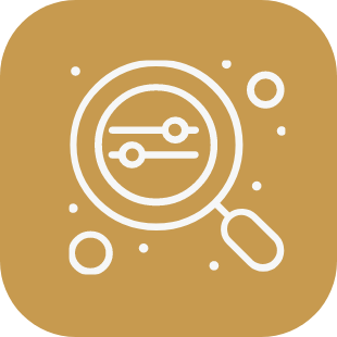 Magnifying glass with sliders, surrounded by small circles on a gold background.