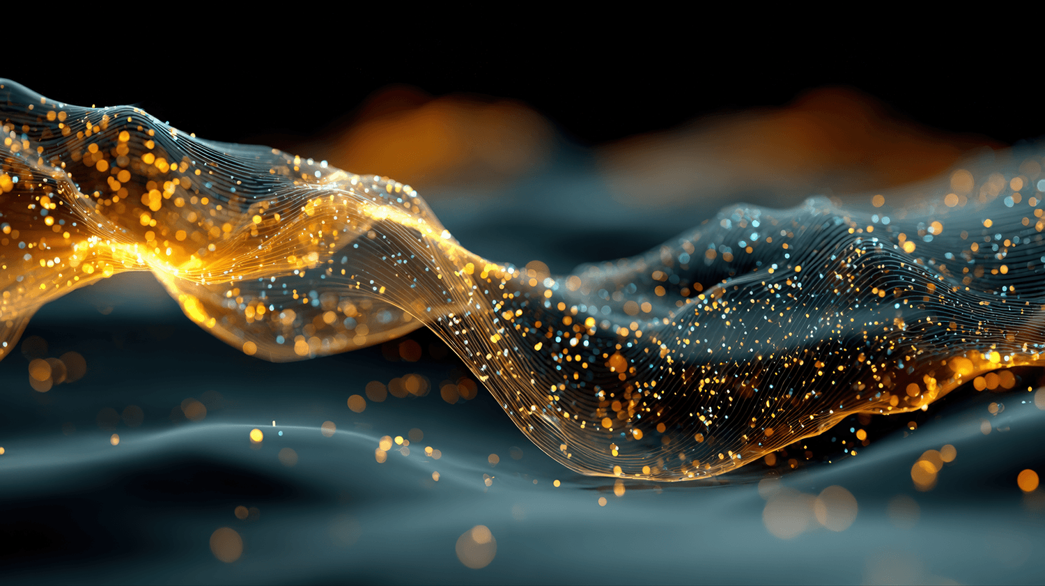 Abstract digital art of glowing golden, orange, and blue data waves and particles flowing on a dark background.