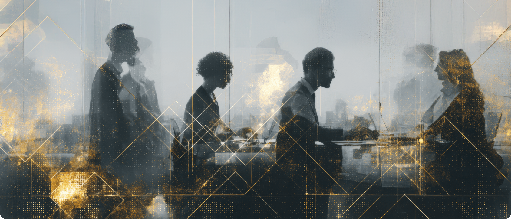 Silhouettes of five business people working in a modern office with city views, overlaid with digital abstract golden geometric patterns and data points.
