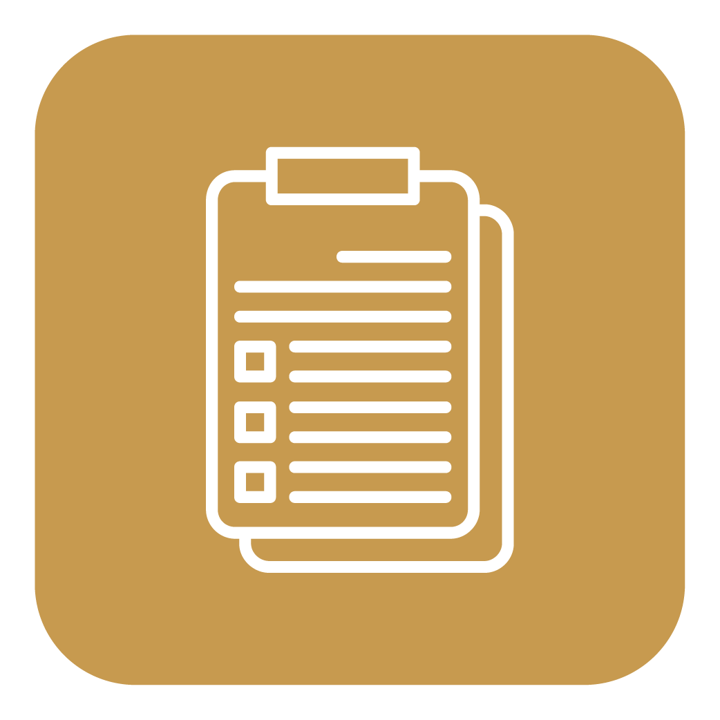 Icon of a clipboard with checkboxes and lines on a brown background.