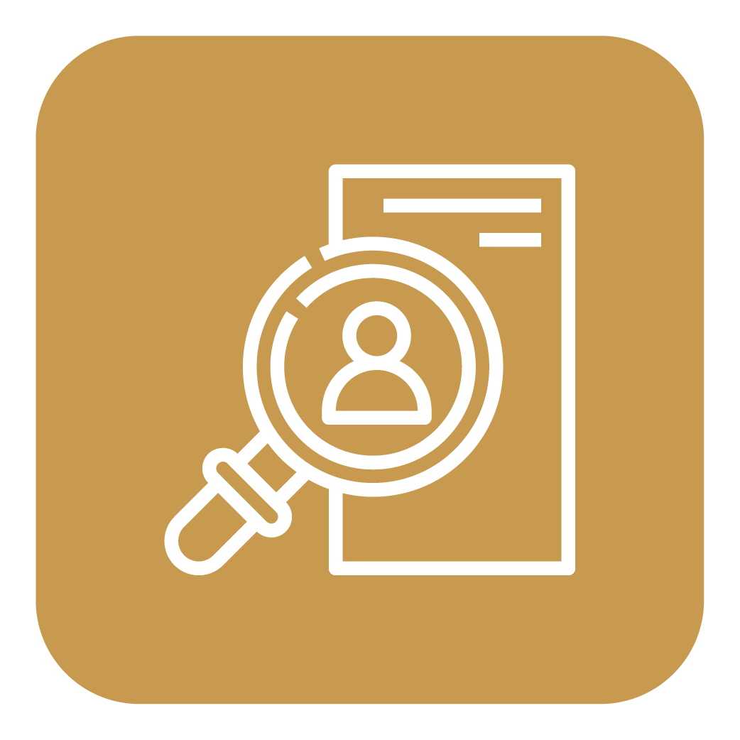 Icon of a magnifying glass over a person profile on a document, representing search or profile identification.